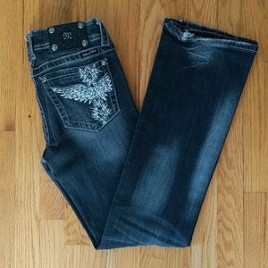 Miss Me Black Distressed Boot Cut Jeans Angel Wings Size 29 Rhinestones